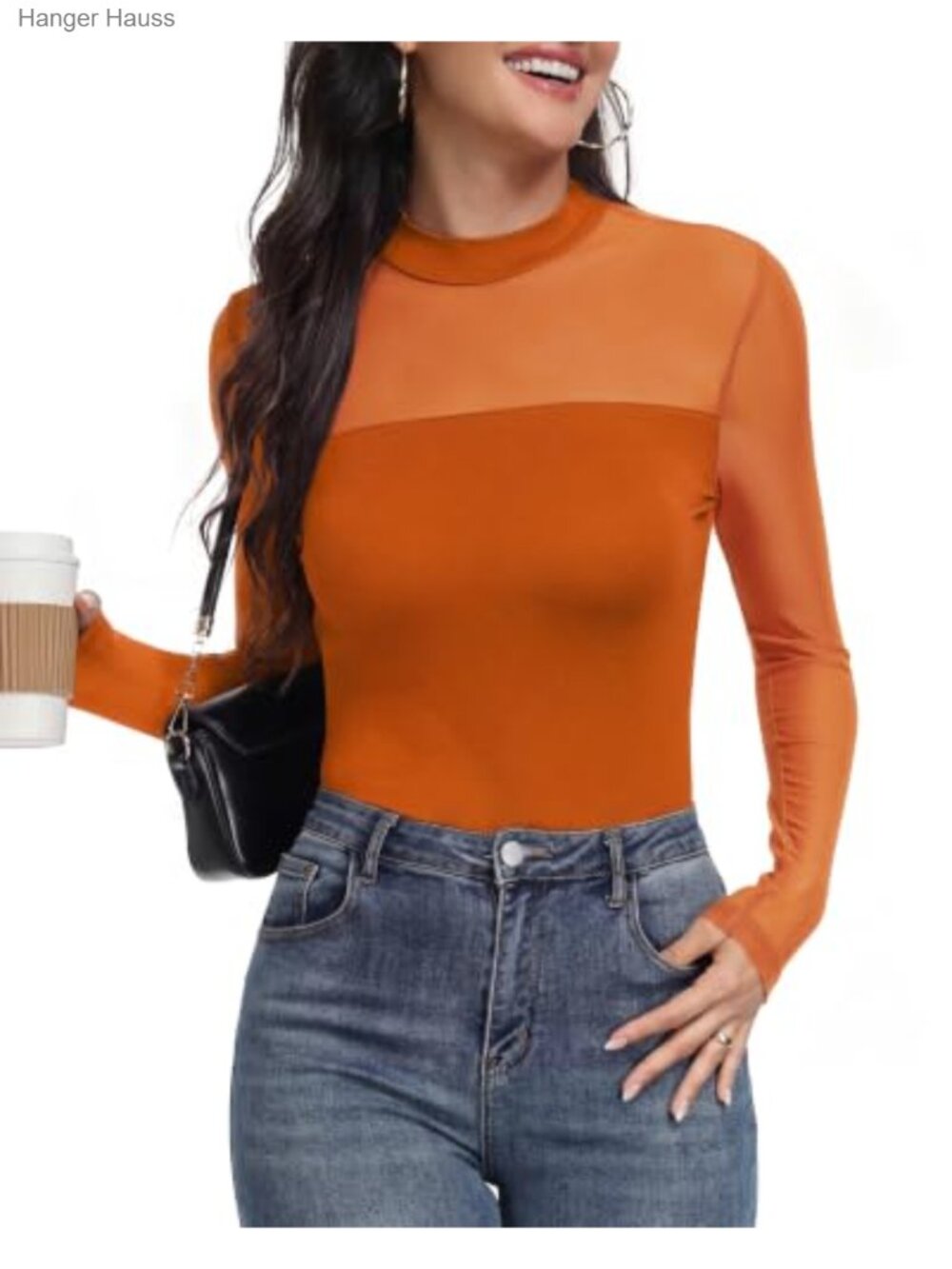 Womens Mesh Long Sleeve Mock Neck Blouse Slim Fit Sheer Layering Top